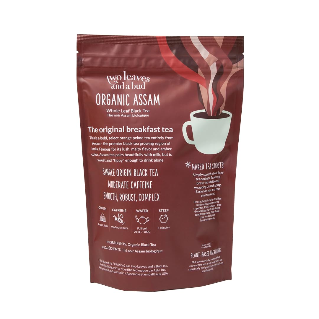 Two Leaves and a Bud Assam whole-leaf pyramid sachet for fuller infusion.