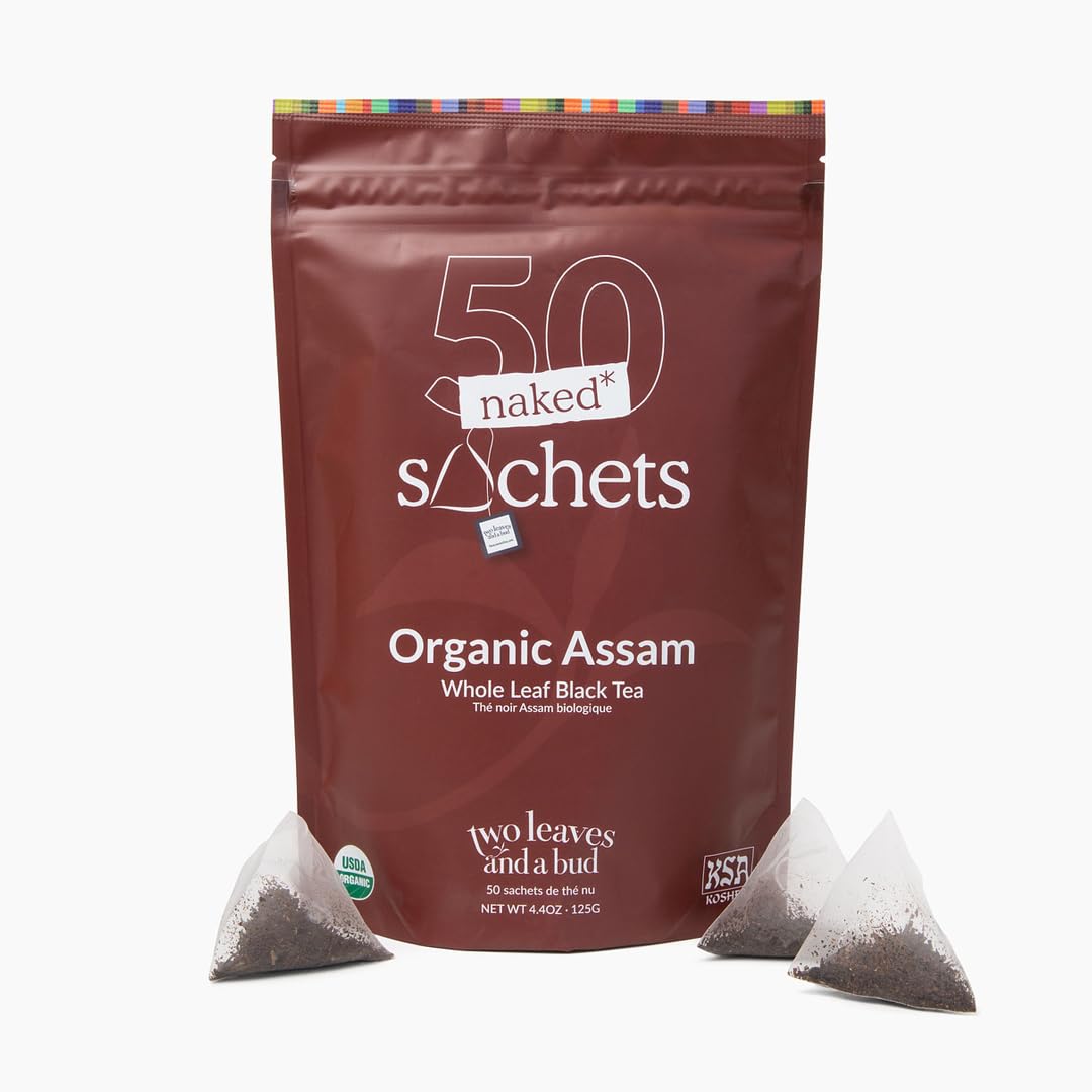 Two Leaves and a Bud Assam sachets in unwrapped packaging for eco-friendly tea.