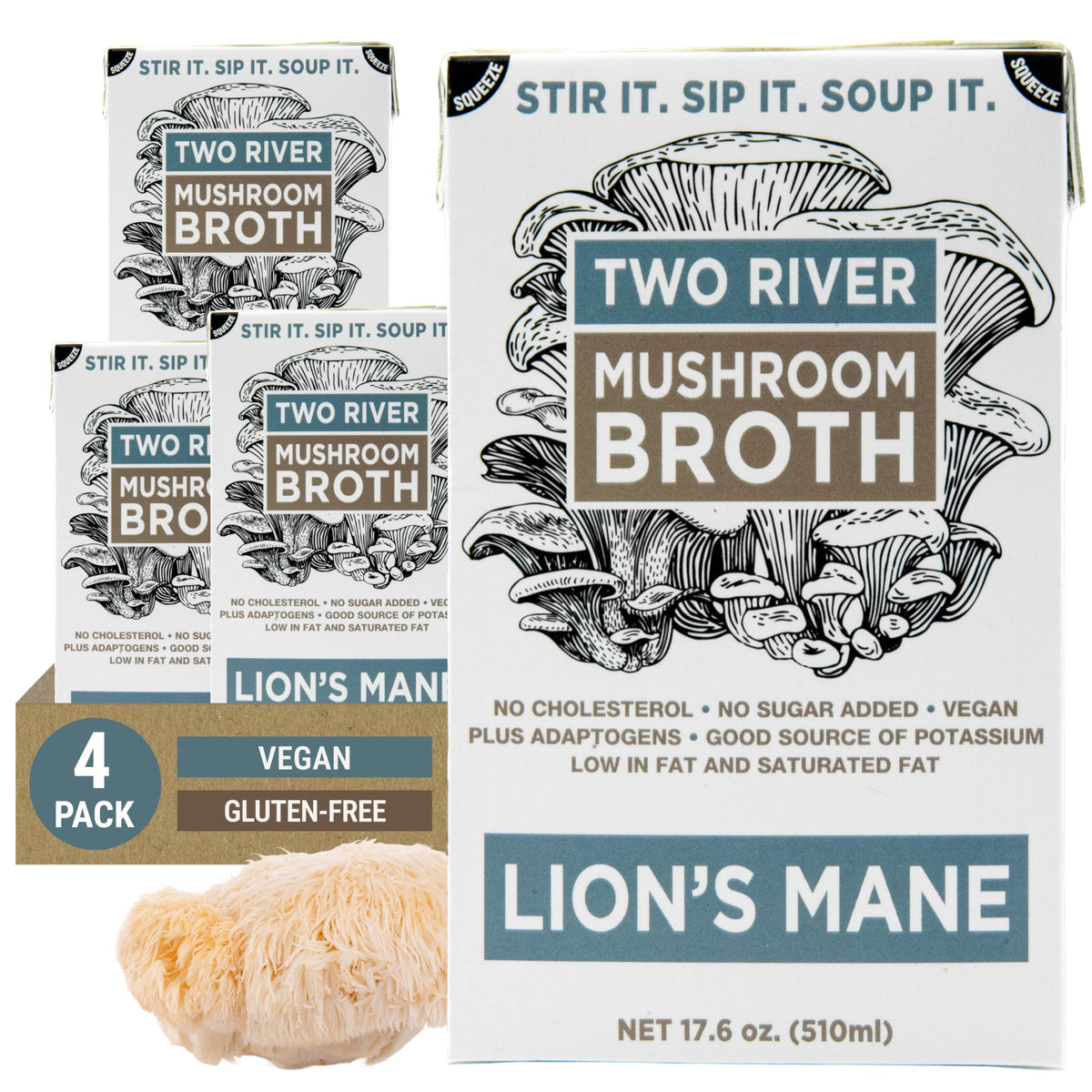 Two River Lion's Mane Broth bottle front view for savory soups