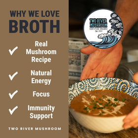 Two River Lion's Mane Broth in a clear glass with steam