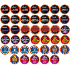 Two Rivers Coffee bold dark roast pods for Keurig brewers deliver quick, rich flavor.