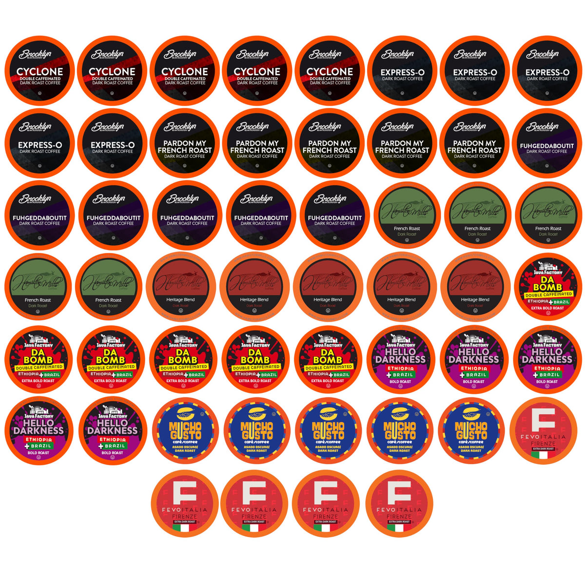 Two Rivers Coffee dark roast pods arranged for a quick bold morning brew