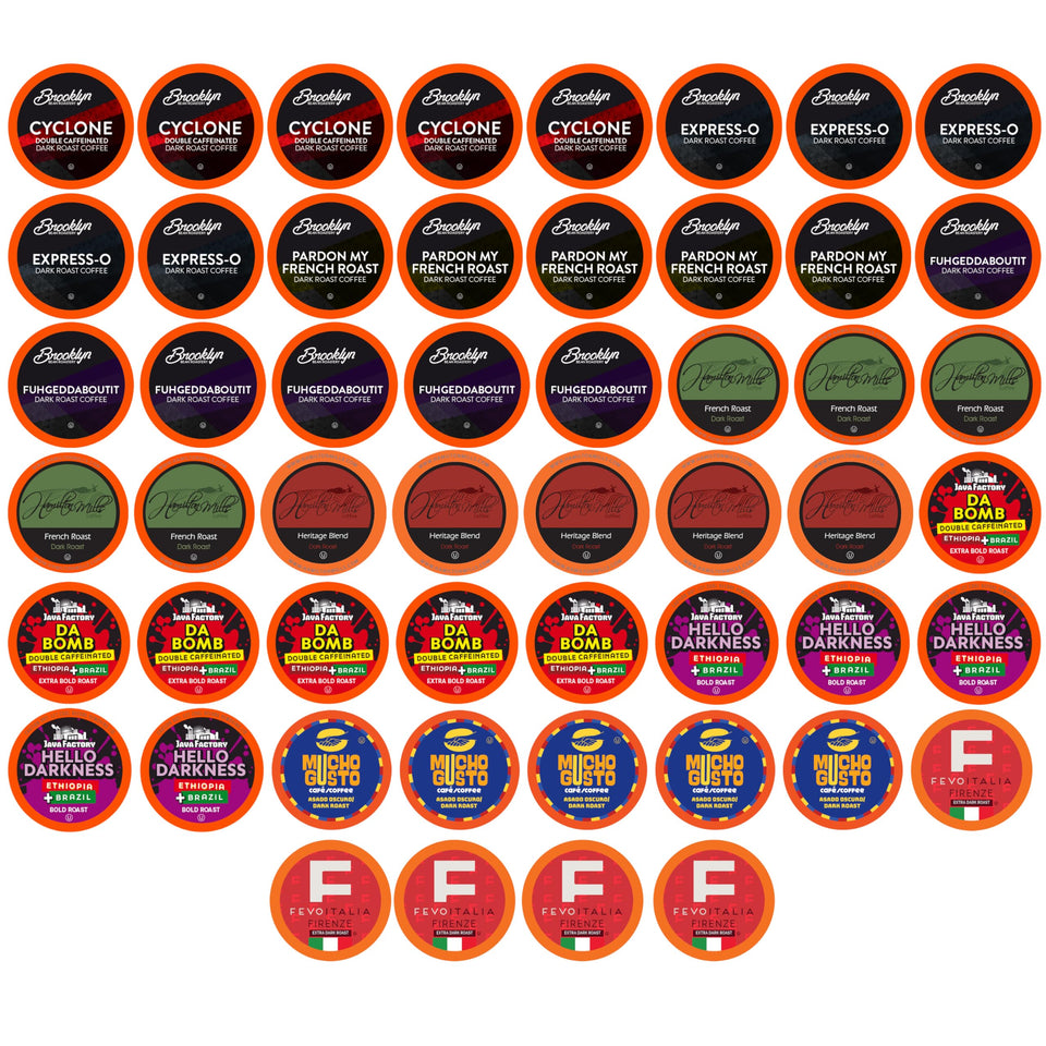 Two Rivers Coffee dark roast pods arranged for a quick bold morning brew