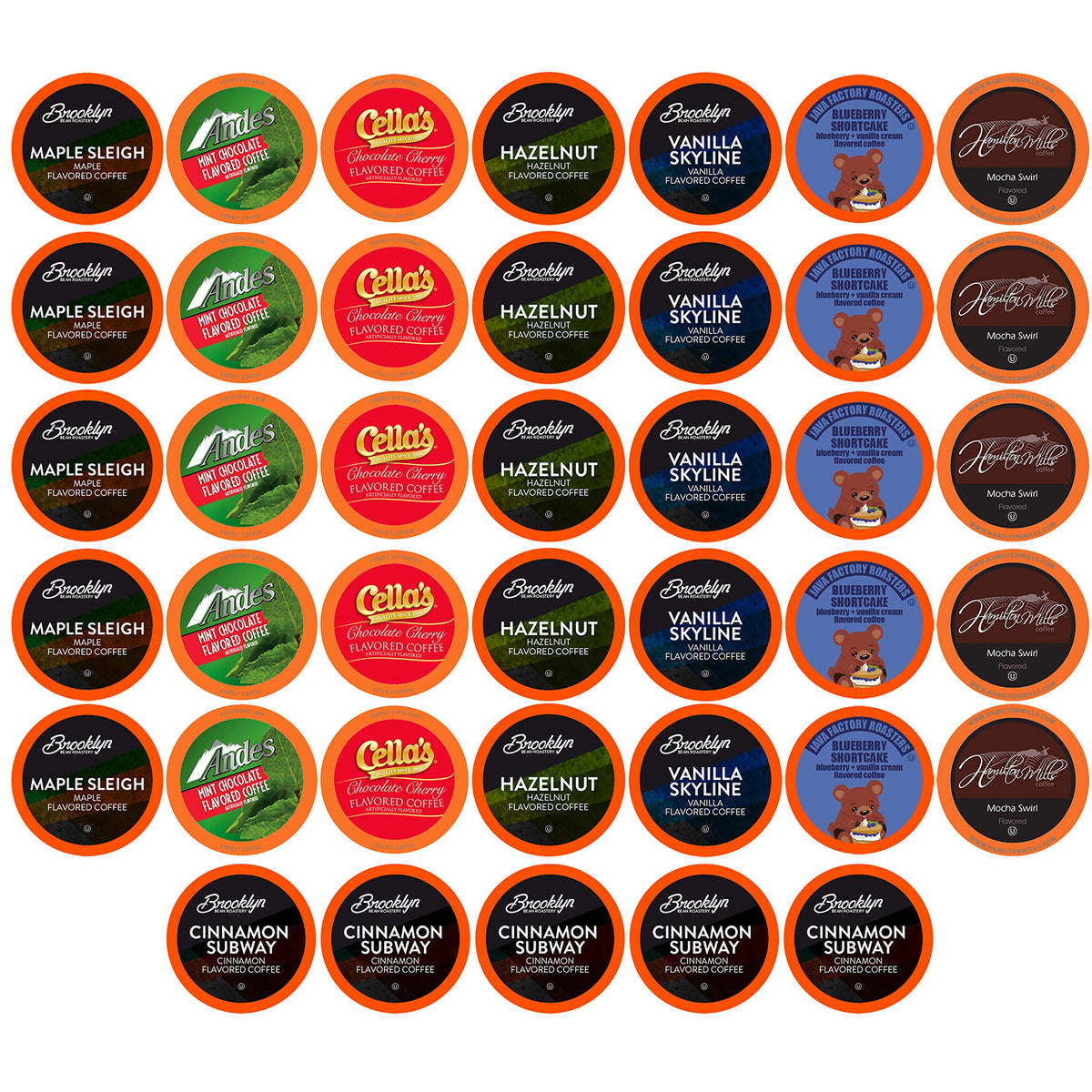 Two Rivers Coffee flavored pods sampler box front view, ideal for gifting and flavor exploration
