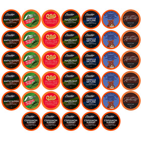 Two Rivers Coffee flavored pods sampler box front view, ideal for gifting and flavor exploration