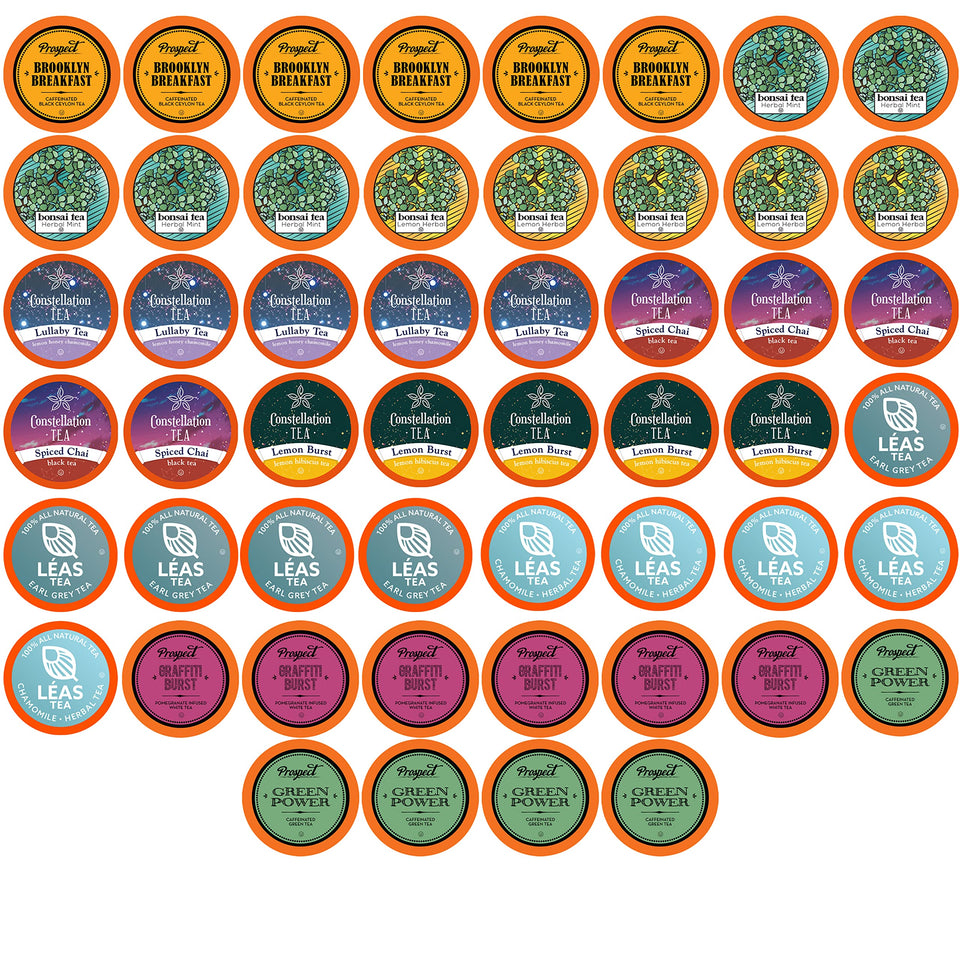 Two Rivers Coffee tea sampler pods box with diverse flavors for quick K-Cup brews
