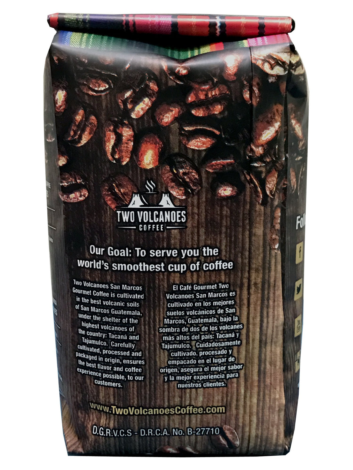 Degassing valve on Two Volcanoes bag preserves post-roast freshness
