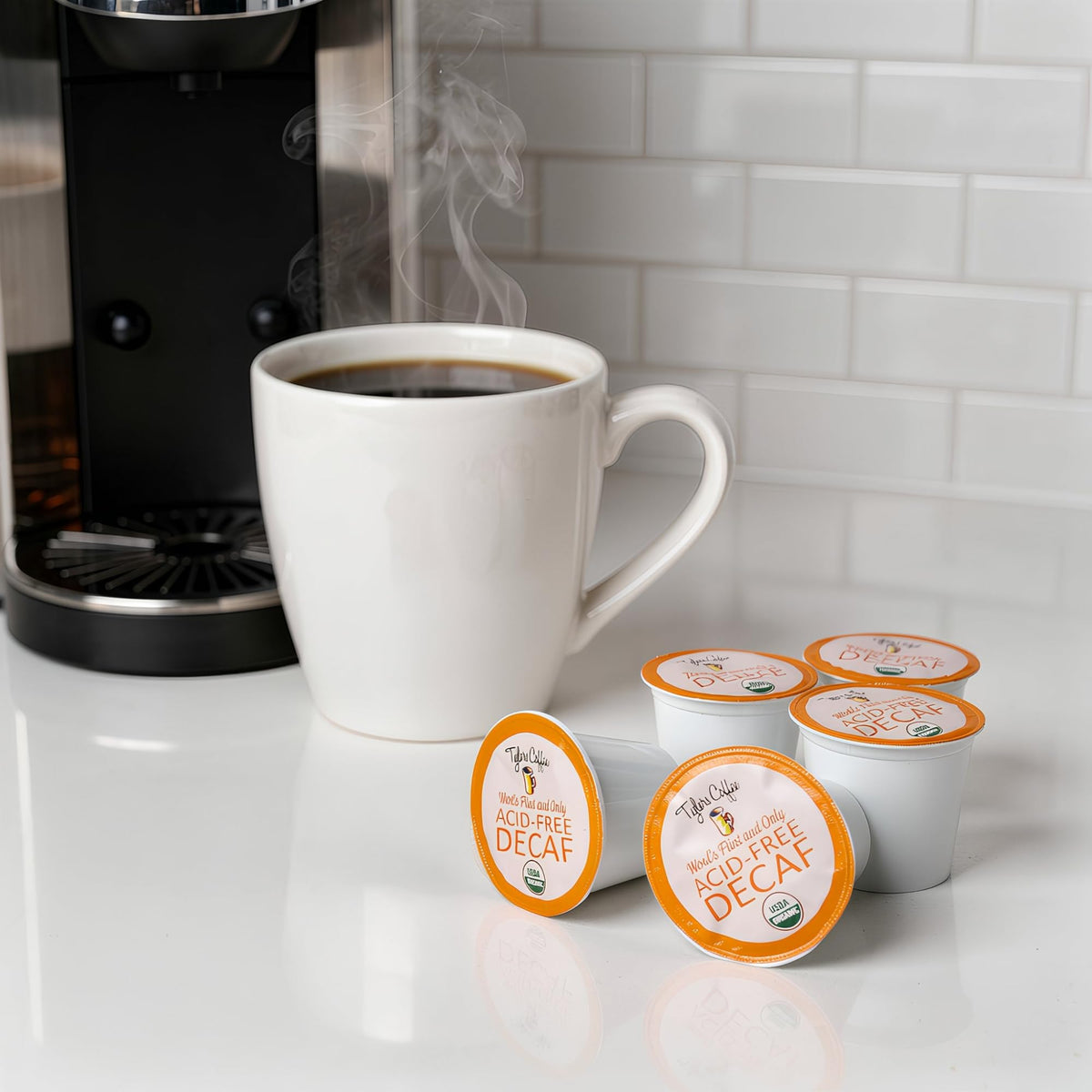 TYLERS COFFEE decaf K-Cup pods arranged for quick, mess-free use.
