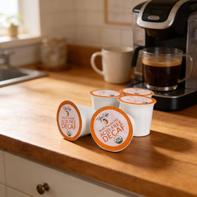 Tyler's Coffee decaf K-Cup brewing in a Keurig with inviting aroma.