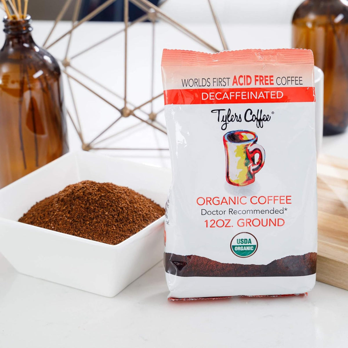 Tyler's Coffee decaf ground beans in a closeup reveal rich texture.