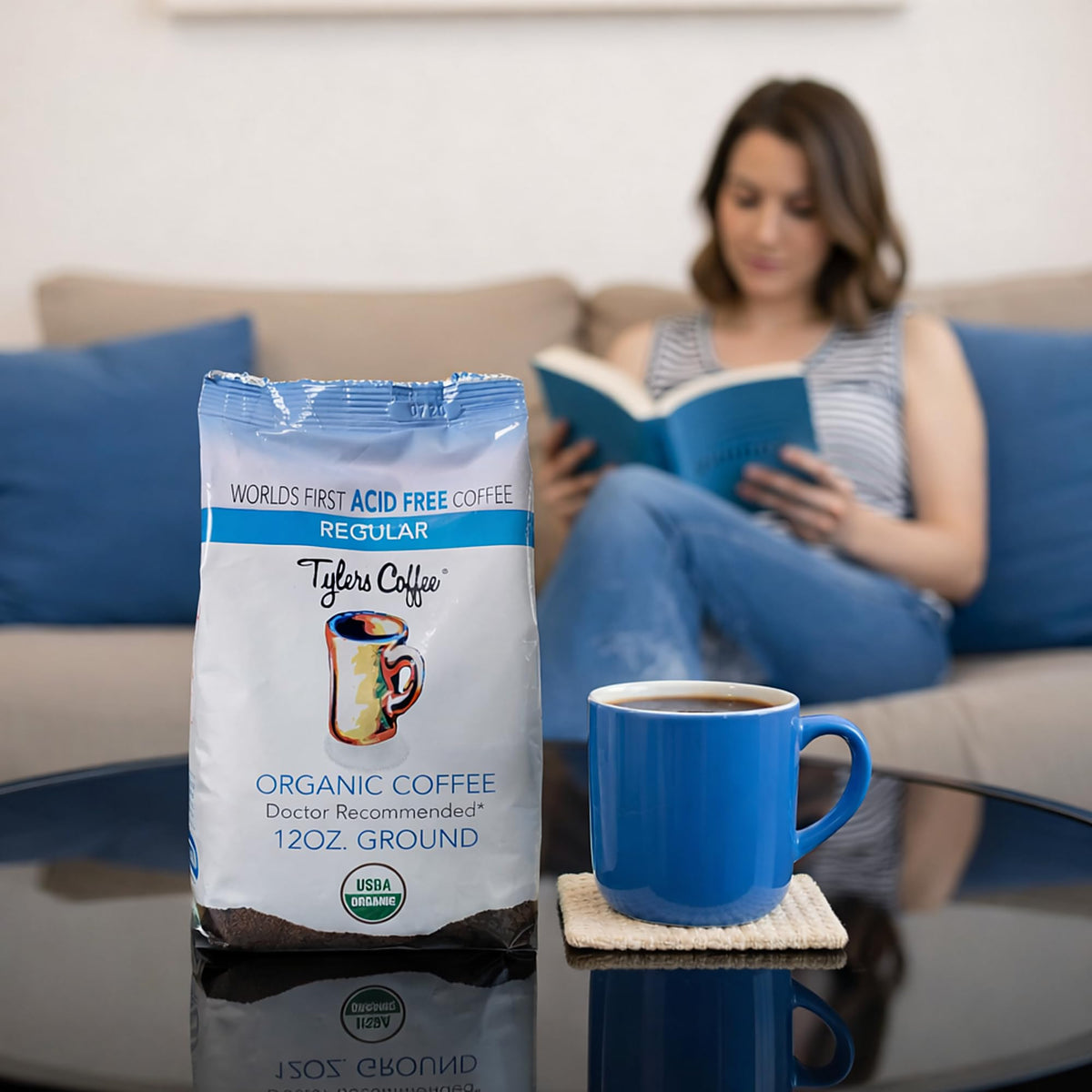 Tyler's Coffee packaging display emphasizes convenience for stock-and-go mornings.