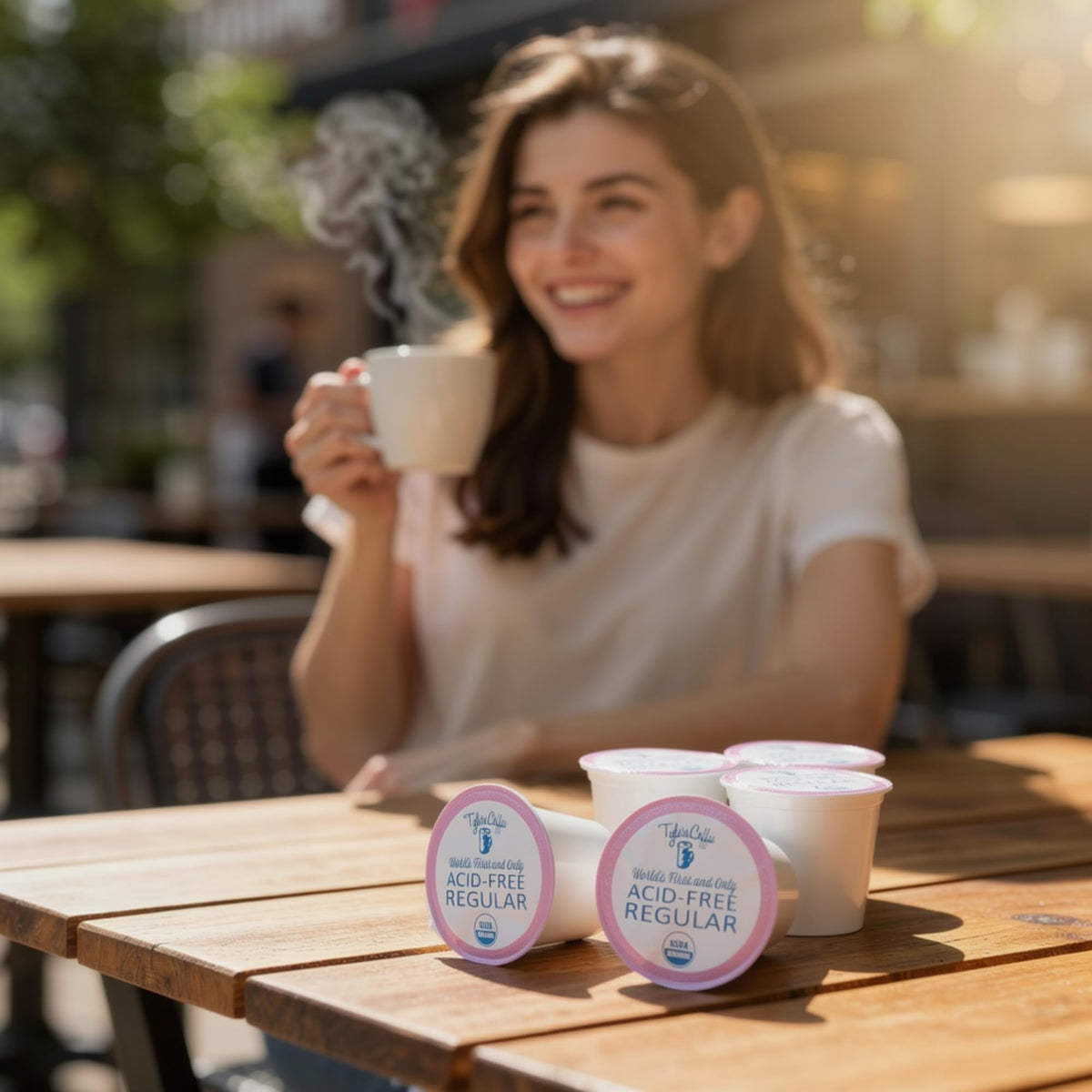 Insert action highlights user-friendly K-Cup design for quick brewing.