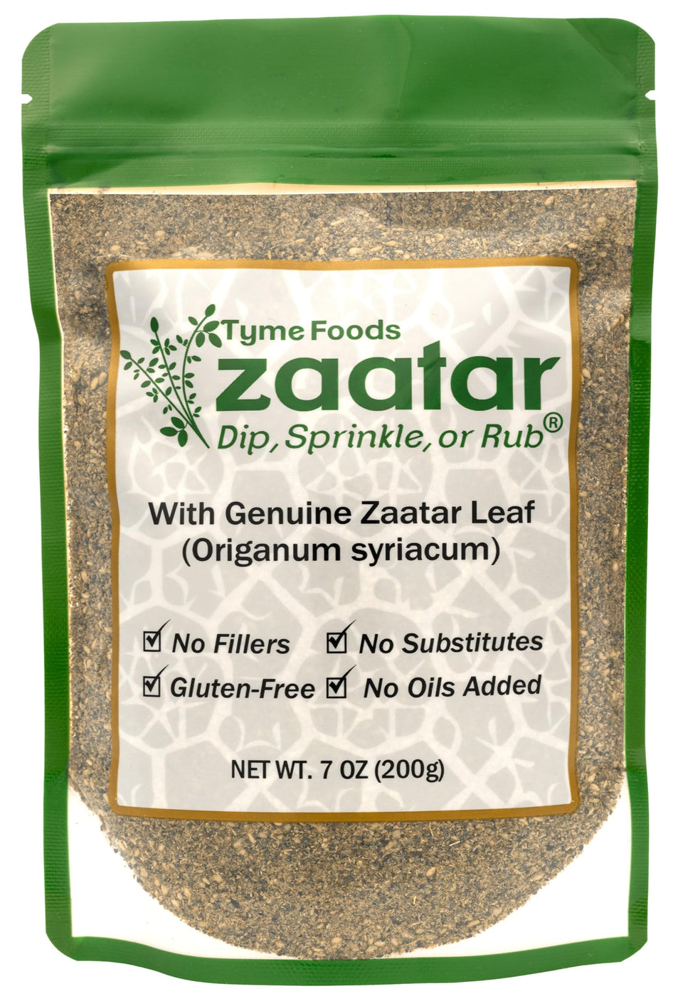 Tyme Foods Zaatar fresh-blend close-up showing authentic zaatar leaf and sesame aroma.