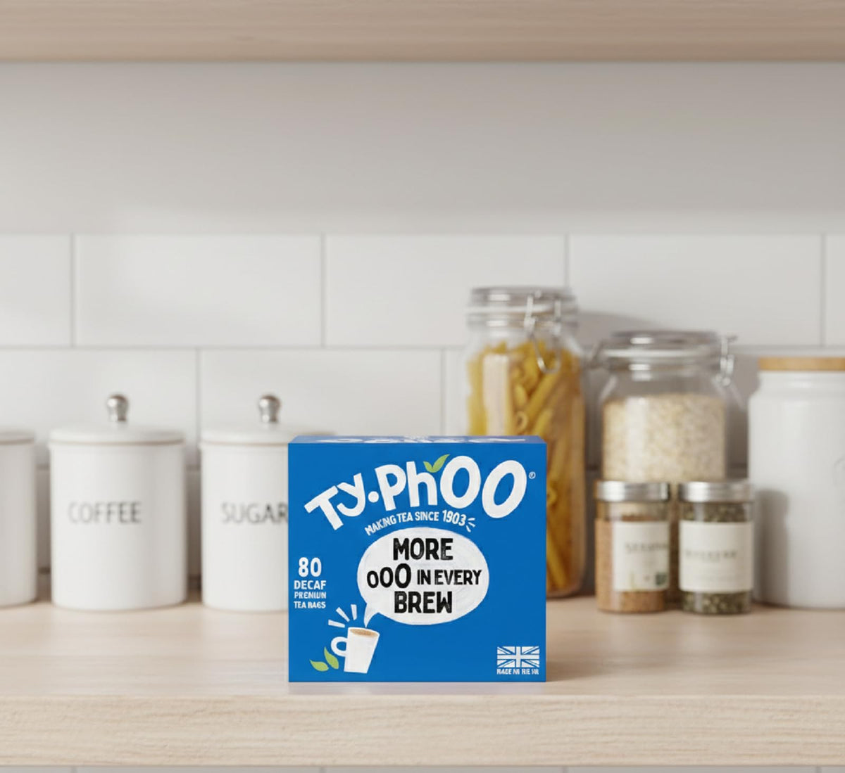 TY.PHOO Decaf in cupboard scene hints everyday, convenient tea moments.