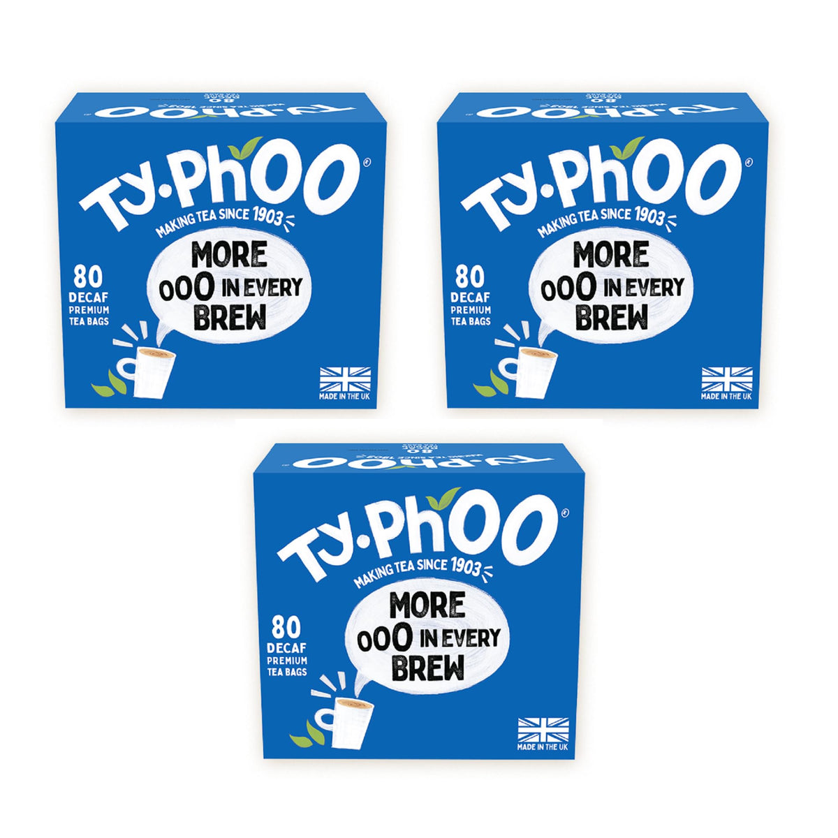 TY.PHOO Decaf hero pack shot highlights convenient 3x80 pack for everyday decaf tea.