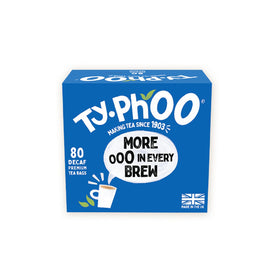 TY.PHOO Decaf pack front shows 80 premium teabags for everyday decaf enjoyment.