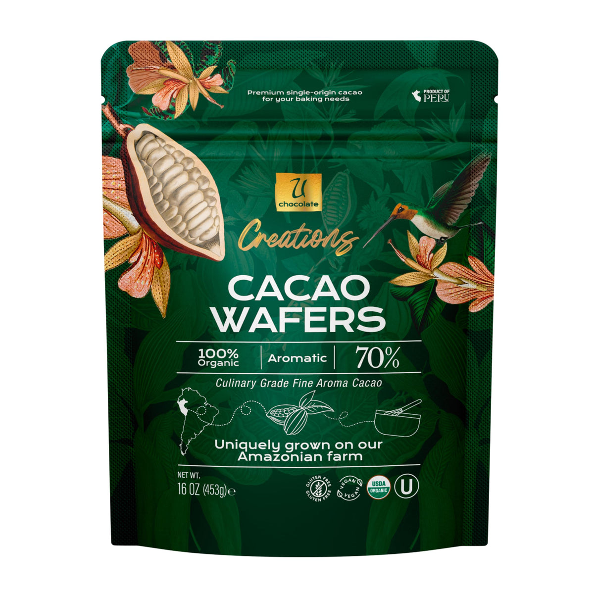 U Chocolate 70% cacao wafers close-up for professionals highlighting rich aroma and origin