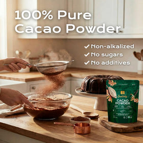 Scoop of U Chocolate cacao powder on kitchen counter suggests versatile baking and smoothies.