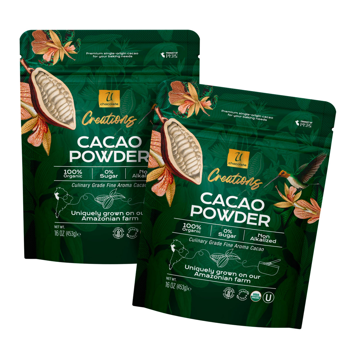 U Chocolate Organic Cacao Powder bag on shelf highlights single-origin flavor ideal for baking.