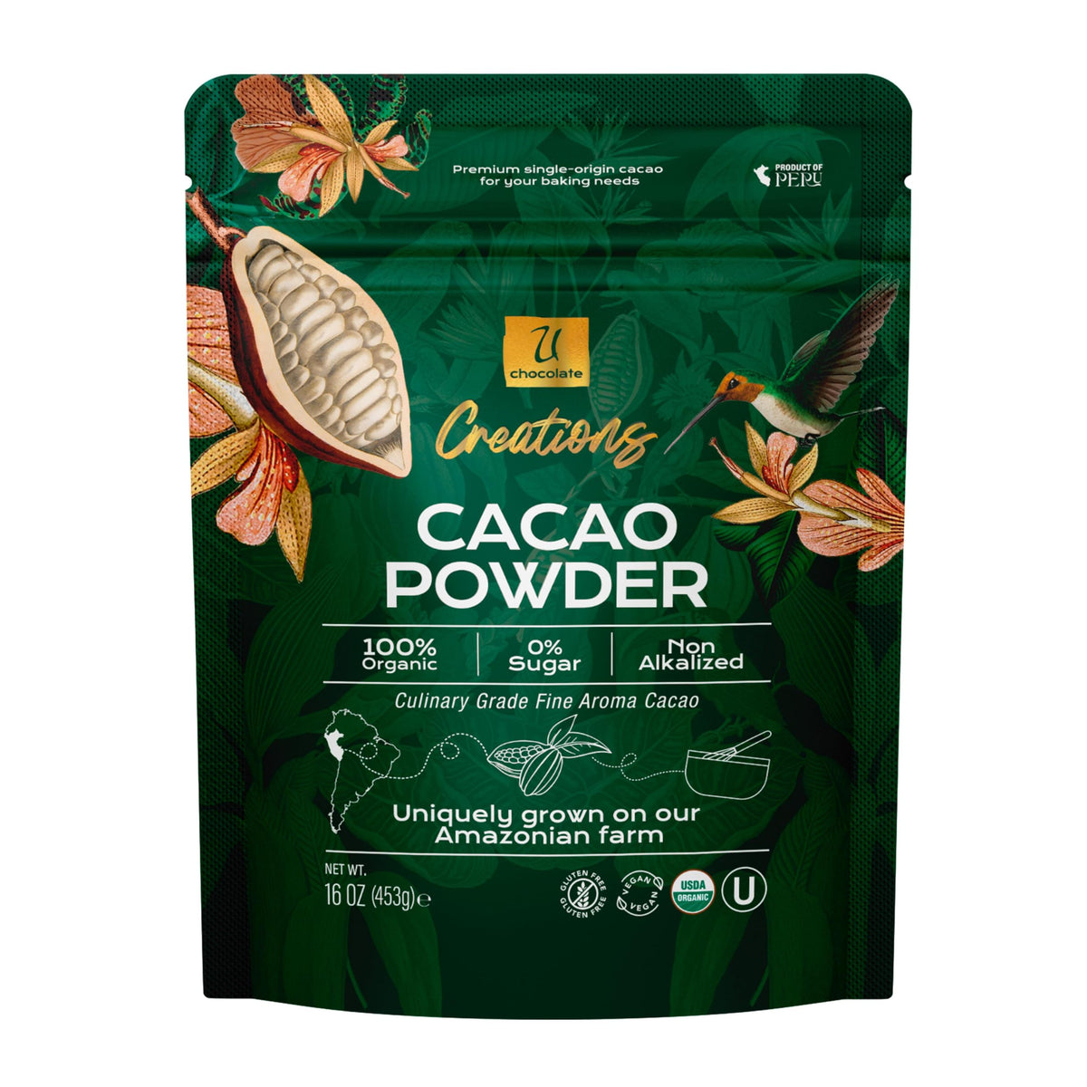 U Chocolate Organic Cacao Powder jar closeup highlighting unsweetened aroma for baking