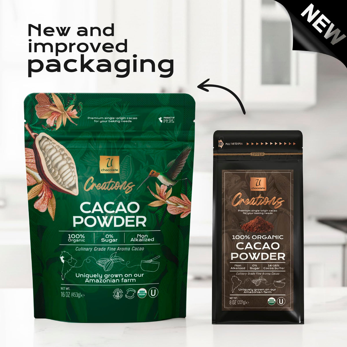 U Chocolate Organic Cacao Powder blends easily with fruit in a kitchen setup