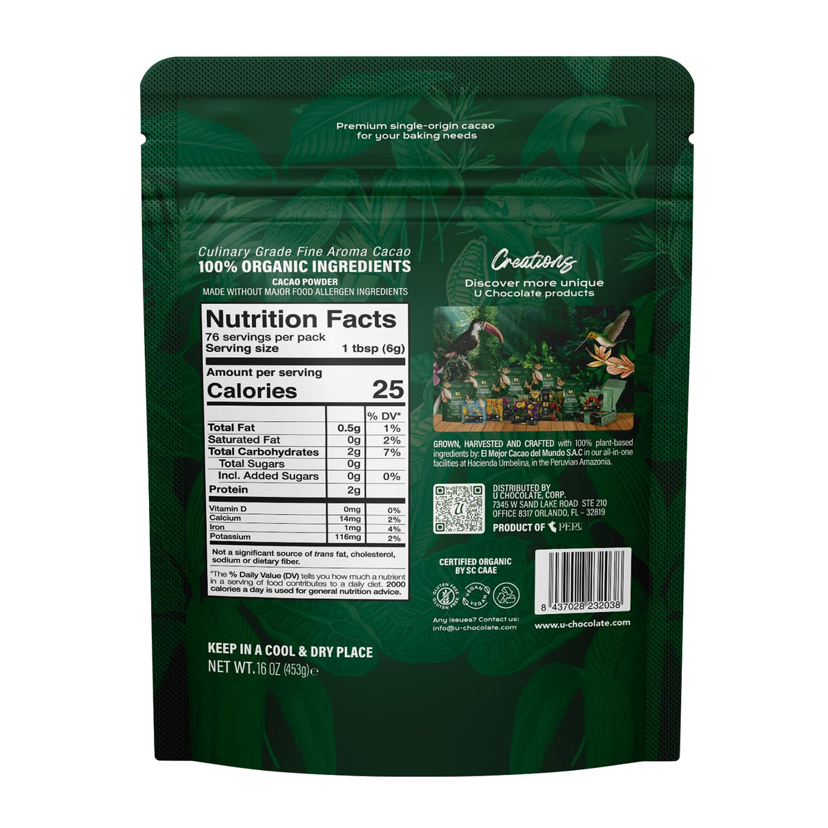 Product label on U Chocolate Organic Cacao Powder highlights USDA Organic and allergen-free facility.