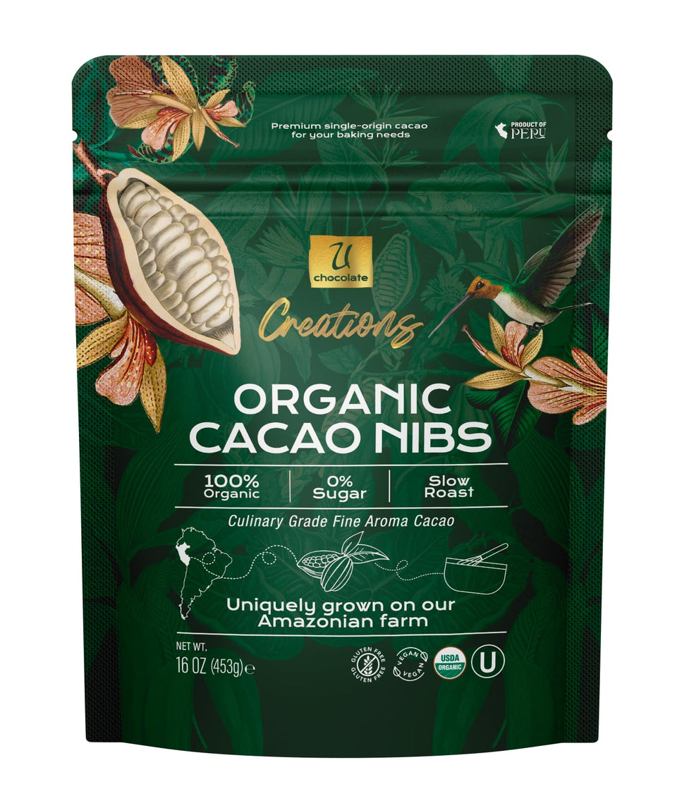 U Chocolate organic roasted cacao nibs from the Peruvian farm, ideal for baking and topping.