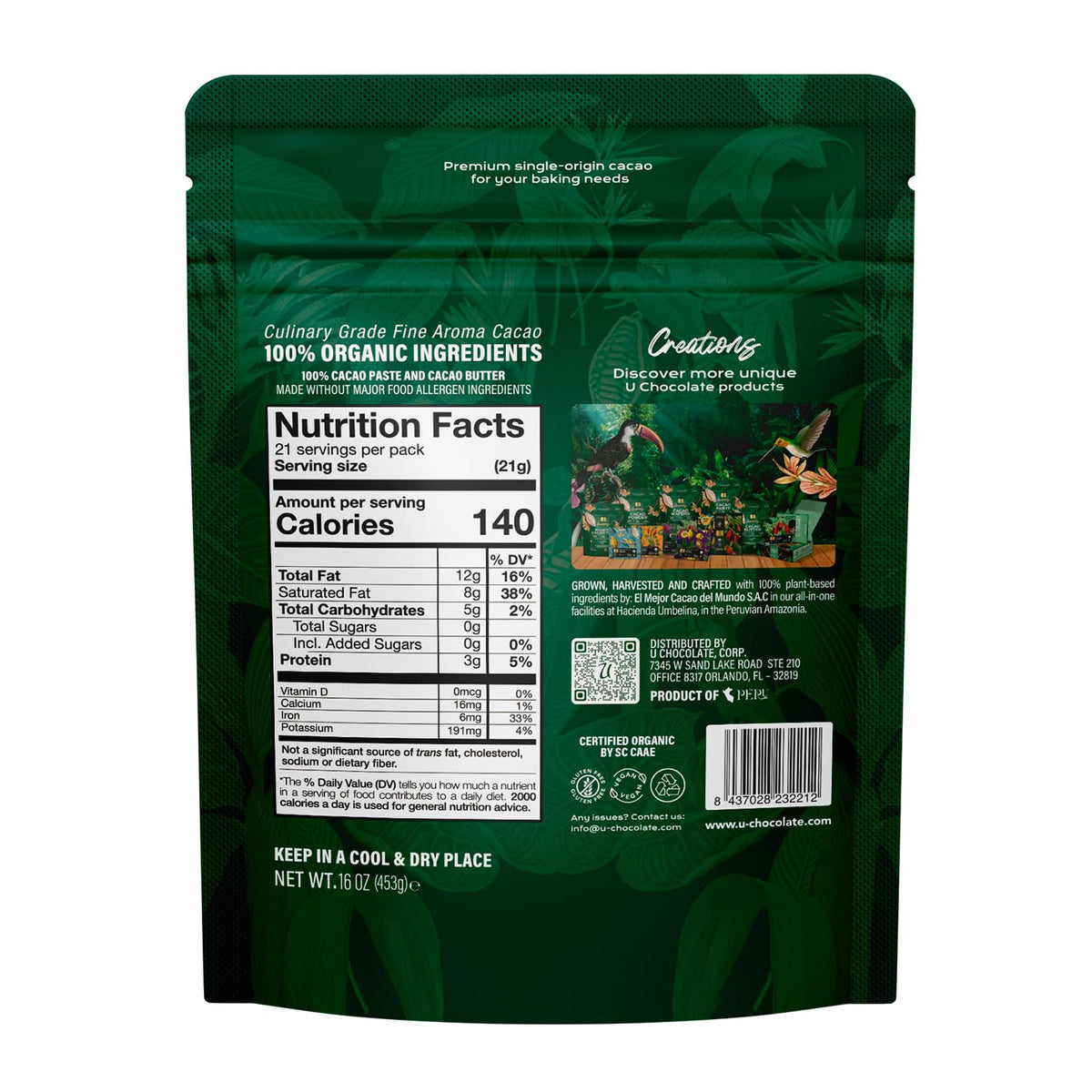 U Chocolate 16 oz bag packaging ready for retail and chef use