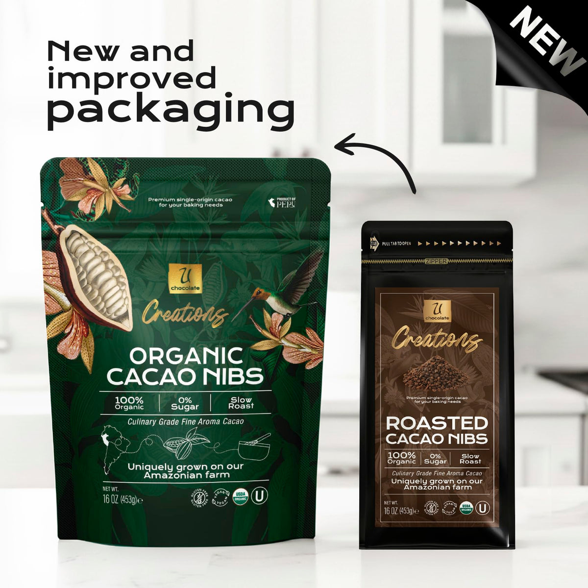U Chocolate unsweetened cacao nibs with deep cocoa flavor for smoothies and granola.