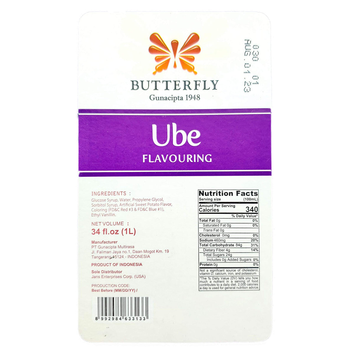 Ube Butterfly flavoring extract bottle pour demonstrates easy seasoning for recipes.