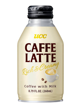 UCC Caffe Latte bottle front view, ready-to-drink for on-the-go refreshment.