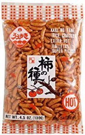 Uegaki Kaki No Tane Hot 4.5oz 4-pack front view, ready-to-enjoy spicy rice crackers.