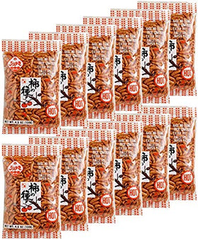 Uegaki Kaki No Tane Hot 4.5oz bag, crisp rice crackers for spicy snacking
