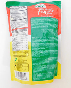 UFC Spaghetti Sauce Sweet Filipino Blend label close-up, highlighting color and aroma.