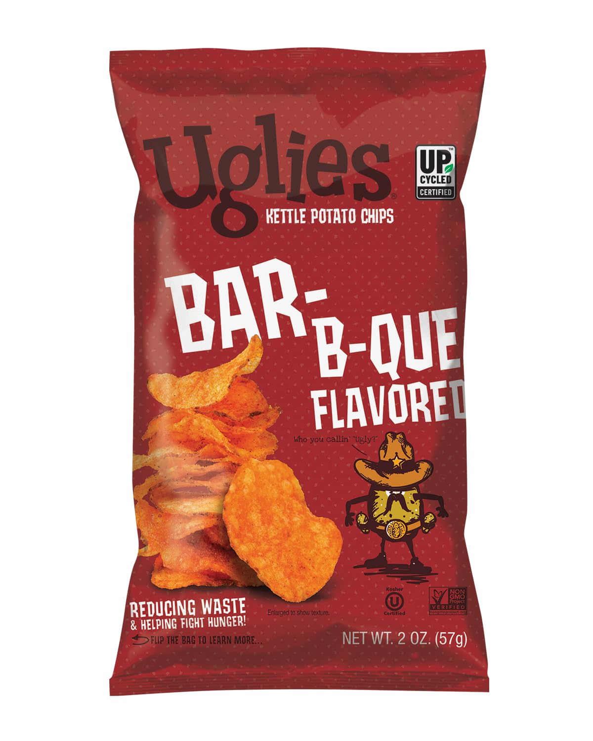 UGLIES BBQ kettle chips bag showcases bold flavor and convenient 2 oz servings.
