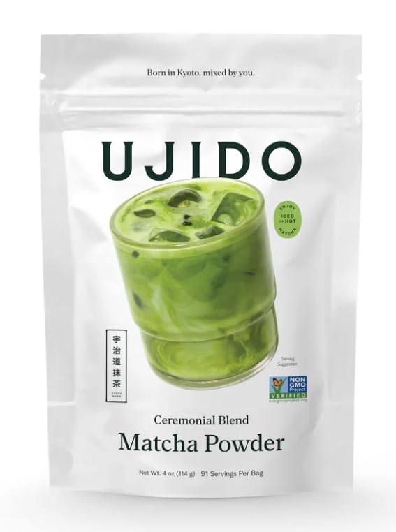 Ujido Matcha Powder with bamboo whisk for a mindful tea ceremony.