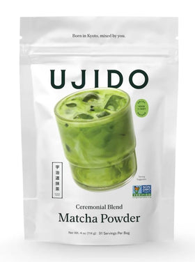 Ujido Matcha Powder with bamboo whisk for a mindful tea ceremony.