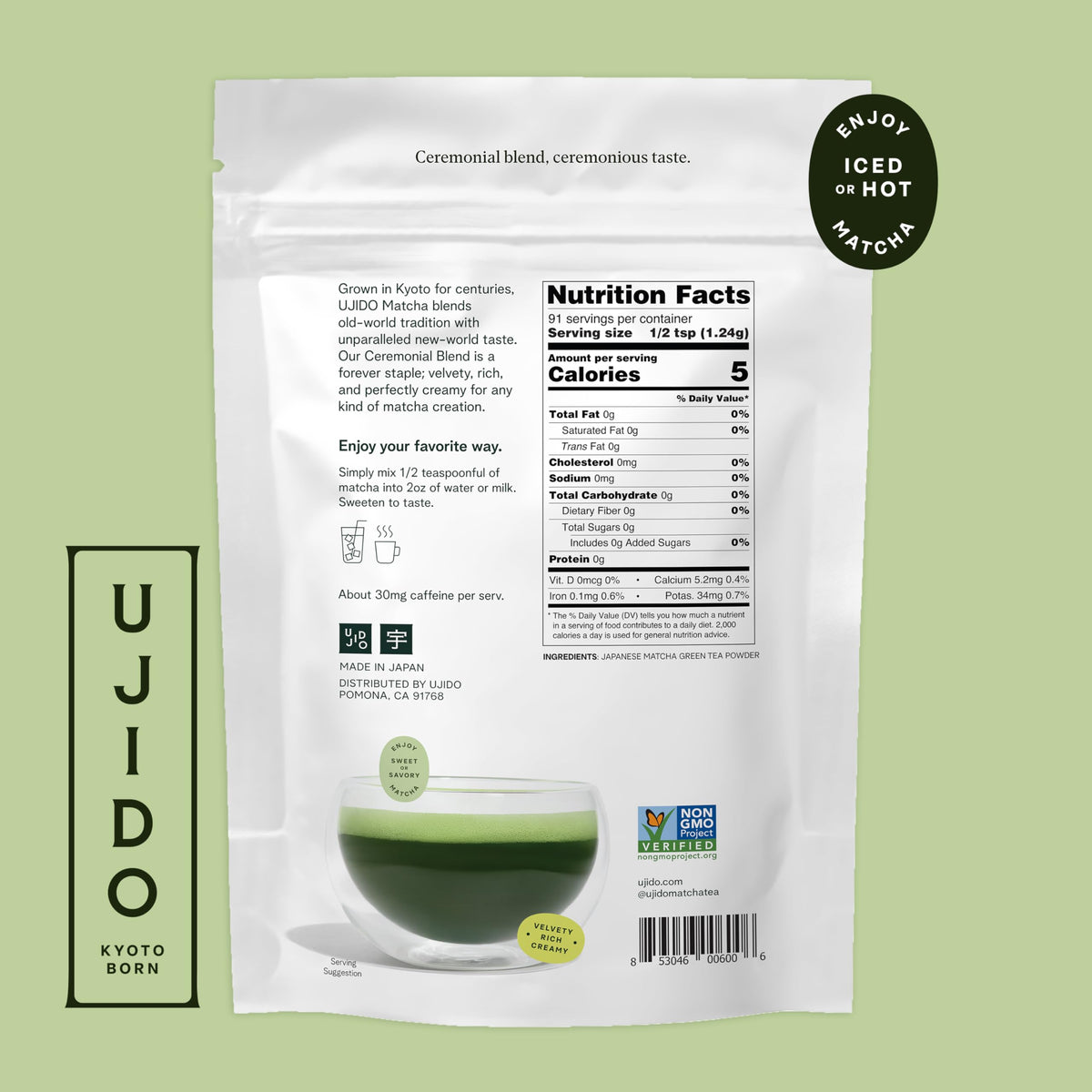 Ujido Path of Zen matcha powder close-up reveals fine texture and vibrant green color