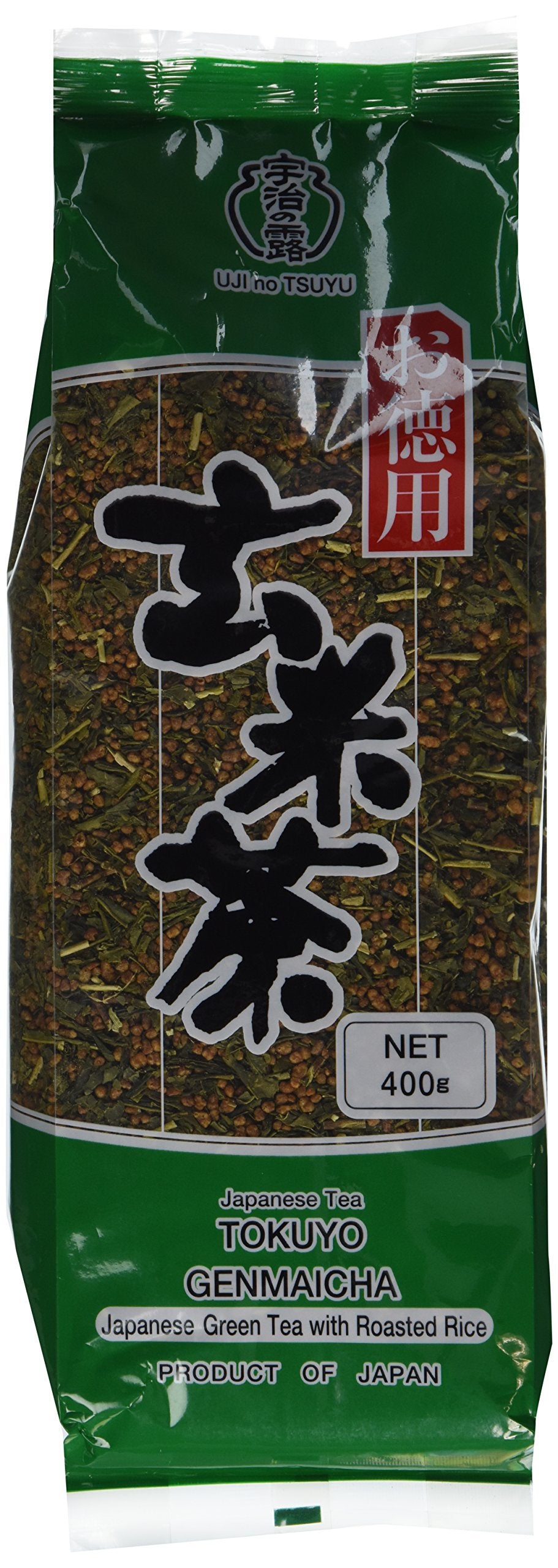 Ujinotsuyu Genmaicha tea leaves in a bowl, offering a warm, nutty aroma.