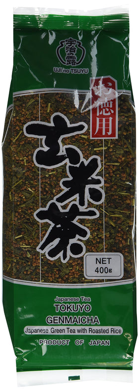 Ujinotsuyu Genmaicha tea leaves in a bowl, offering a warm, nutty aroma.