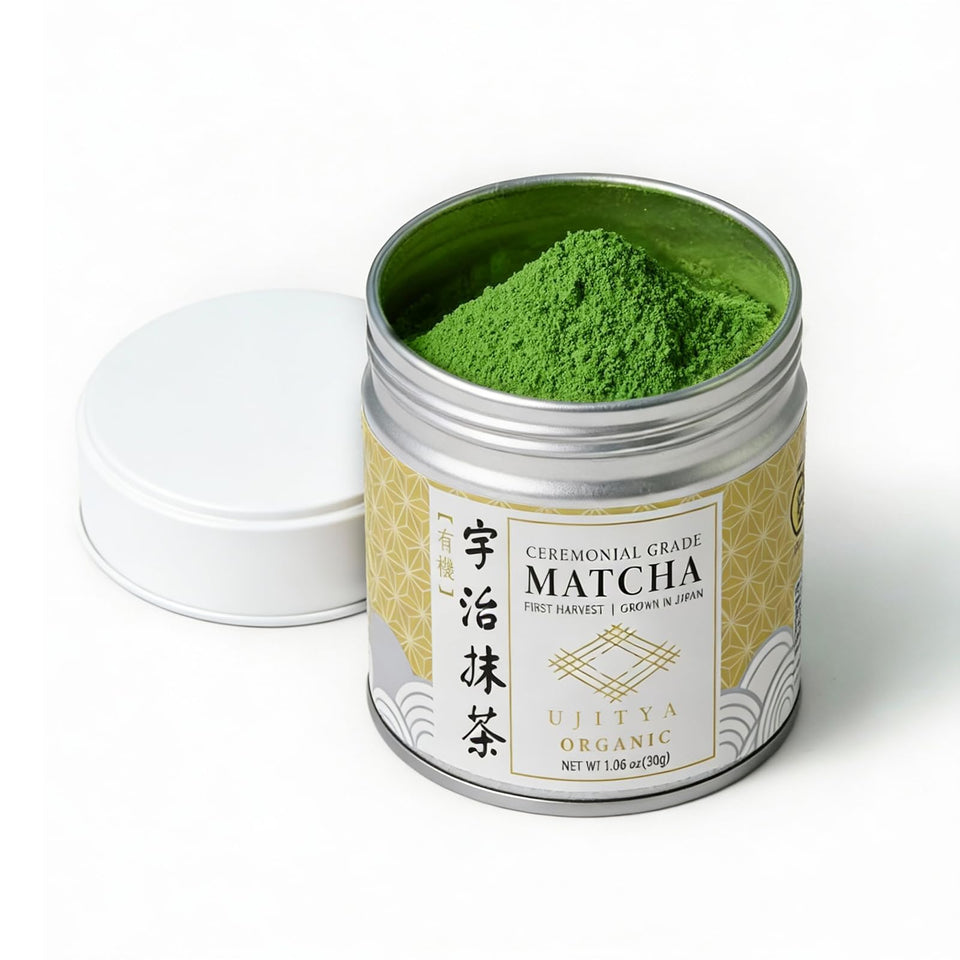 UJITYA ceremonial grade matcha tin close-up showing vibrant color and freshness