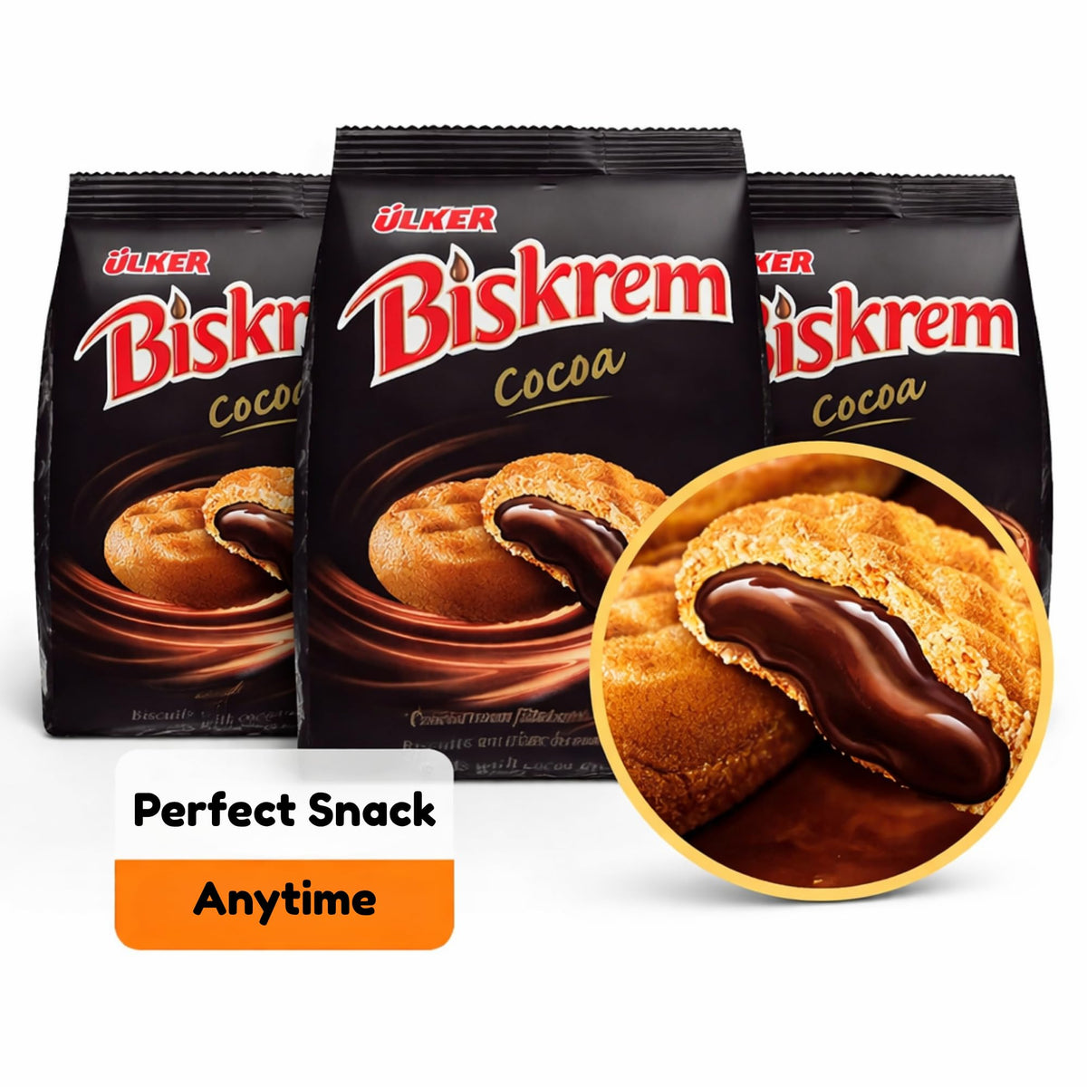 ÜLKER Ulker Biskrem cocoa cream closeup highlighting creamy filling.