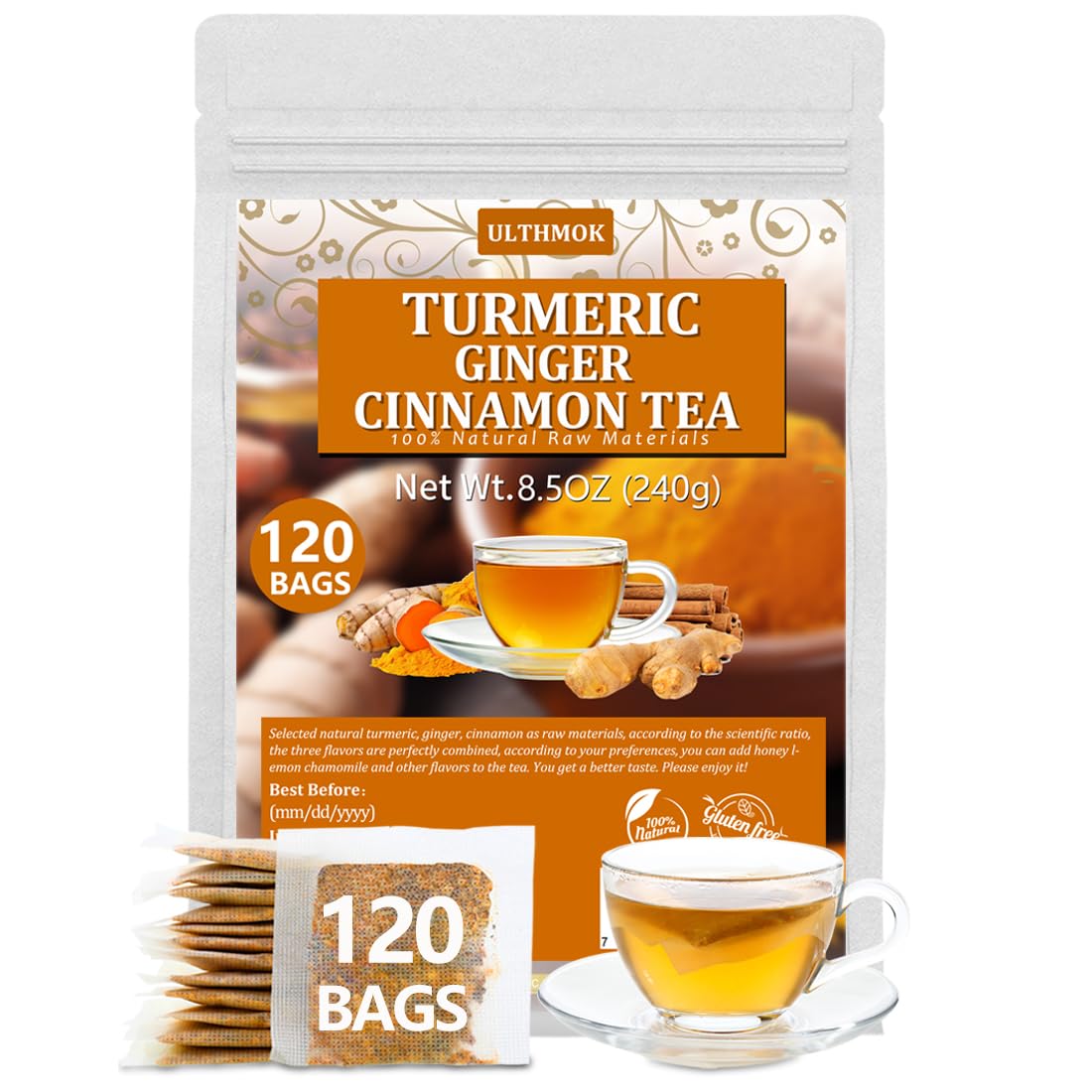 ULTHMOK turmeric-ginger-cinnamon tea bags in a box, caffeine-free ritual