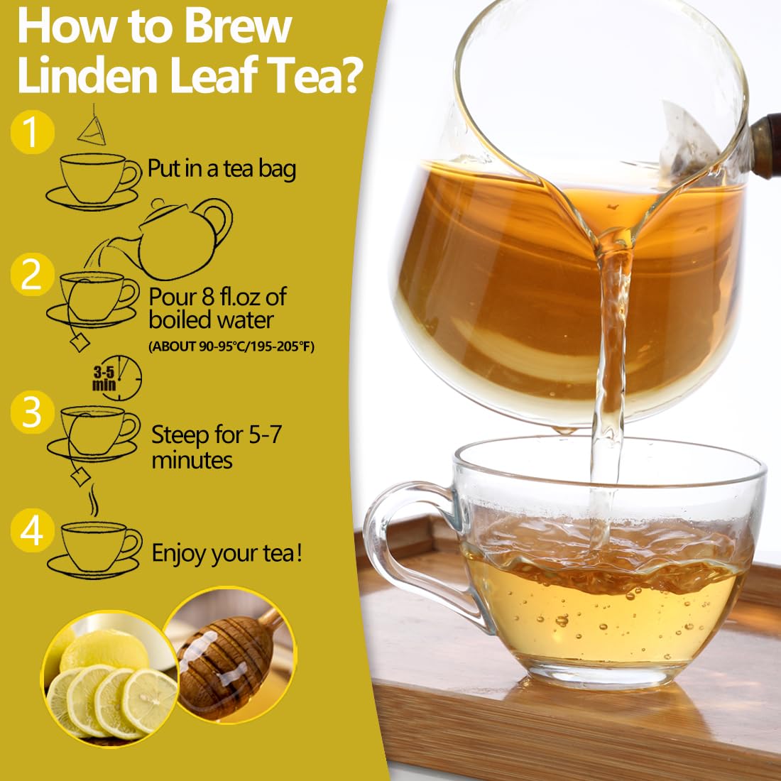 ULTHMOK brewed linden tea cup with steam suggesting caffeine-free relaxation.