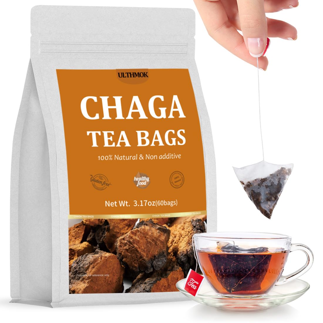 ULTHMOK chaga tea bags 60-pack ready to brew, caffeine-free