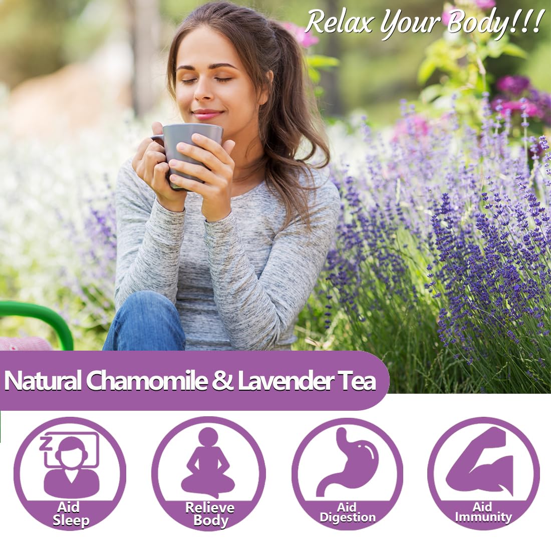 ULTHMOK Chamomile Lavender tea bags dry flowers close-up emphasizing natural, relaxing ingredients