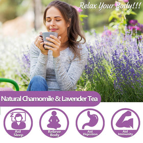 ULTHMOK Chamomile Lavender tea bags dry flowers close-up emphasizing natural, relaxing ingredients