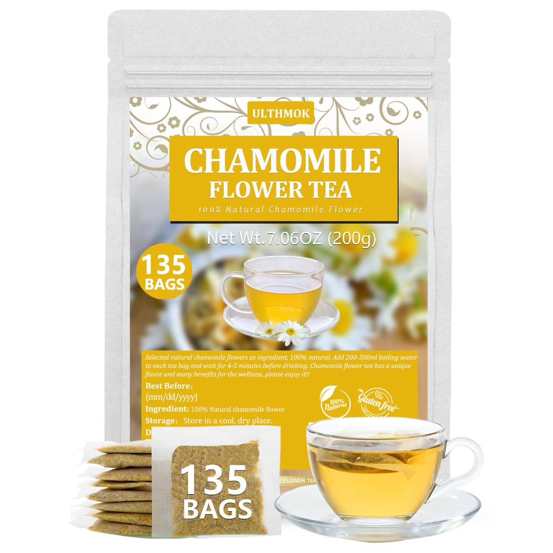 ULTHMOK chamomile tea bags pack for a calm evening routine.