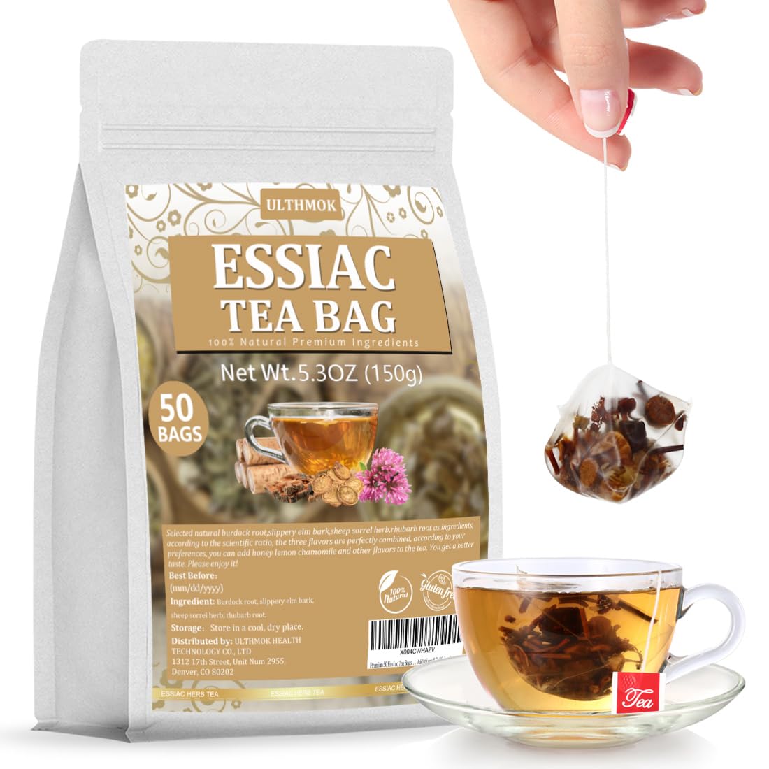 ULTHMOK Essiac tea bags in pyramid packaging for a calming daily brew.
