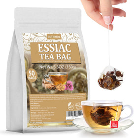 ULTHMOK Essiac tea bags in pyramid packaging for a calming daily brew.